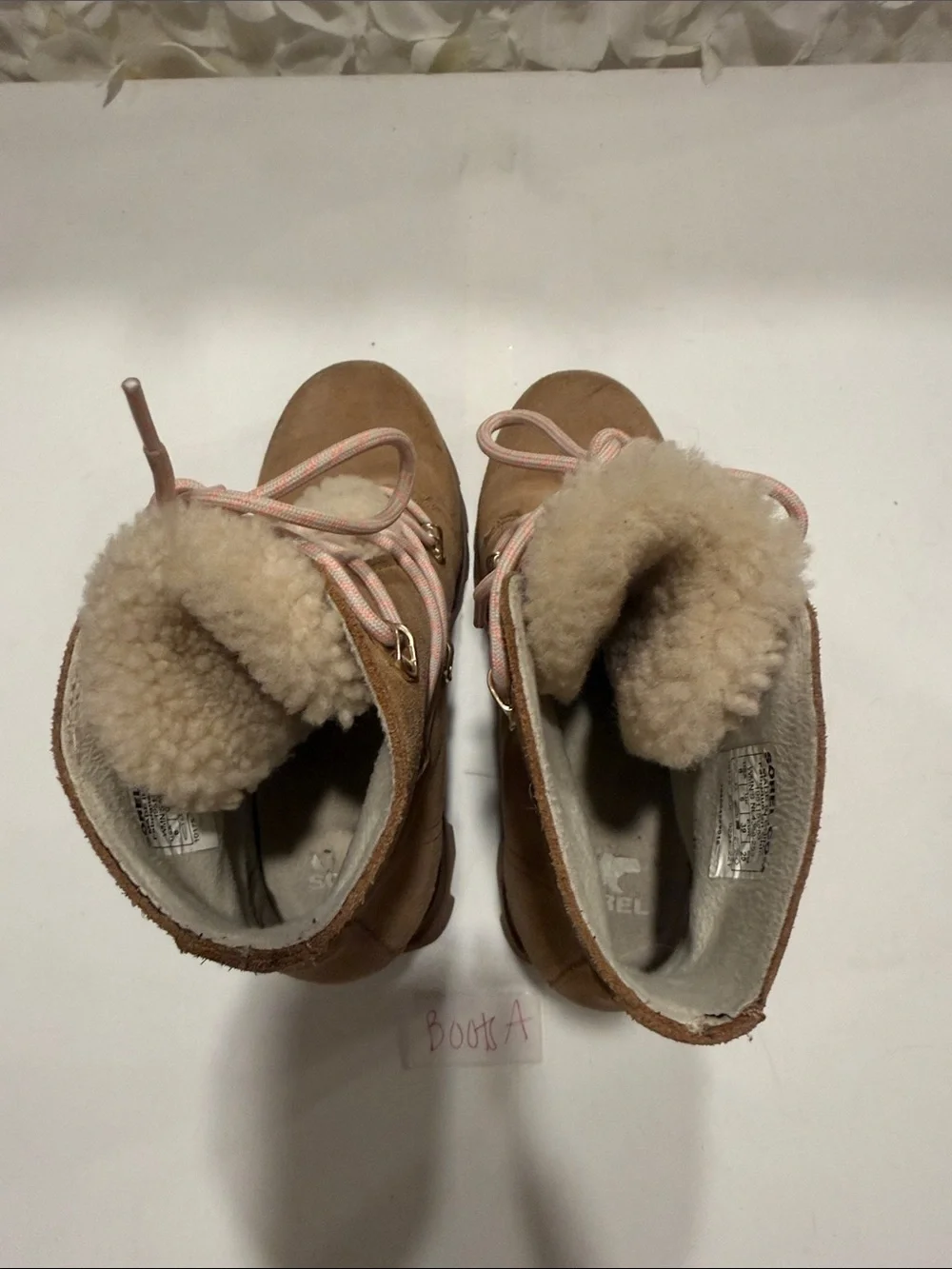 Sorel Tan Suede Winter Boots with Pink Laces